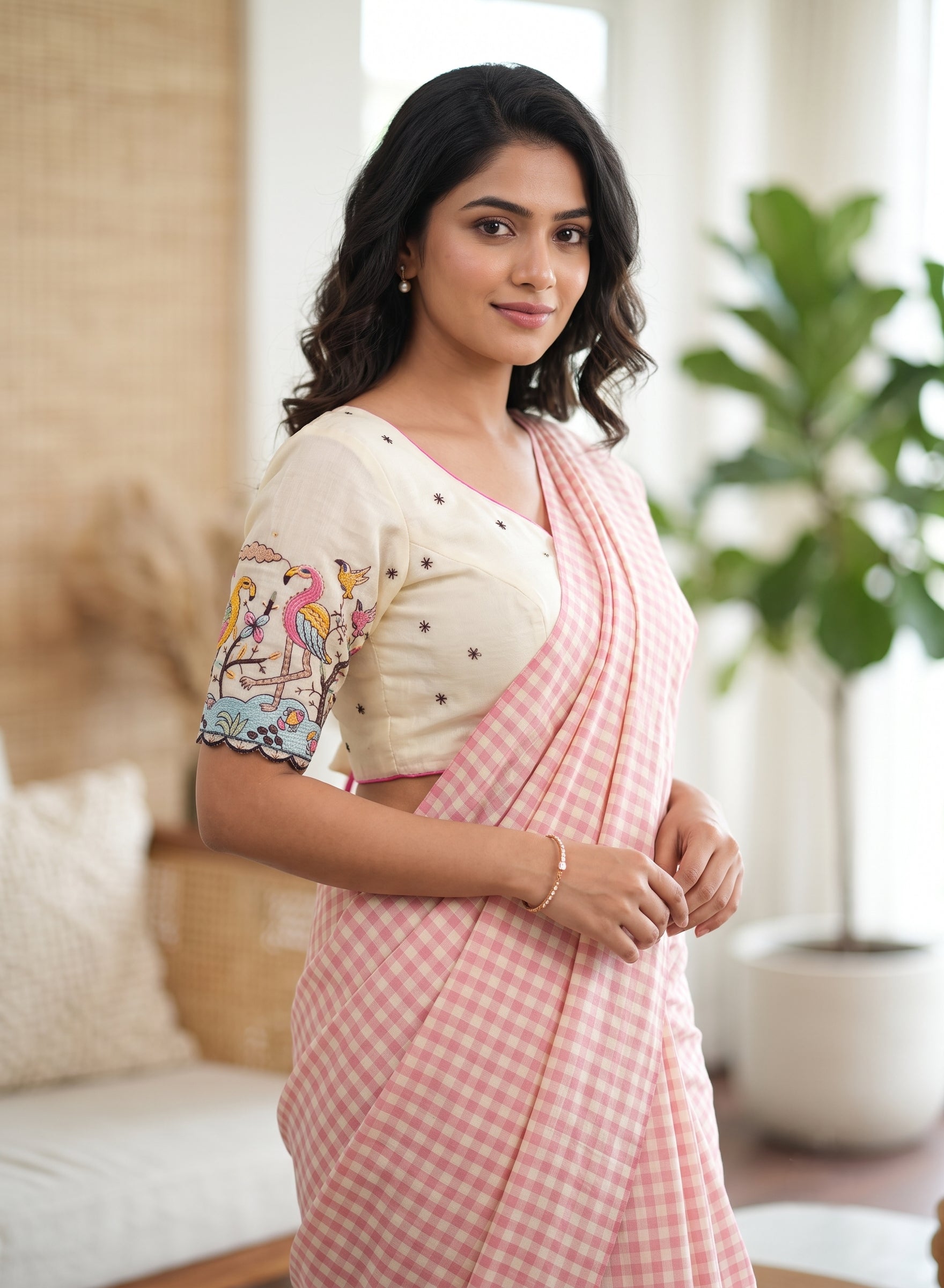 Pearl White Flamingo Embroidered Padded Back Open V-Neck Blouse