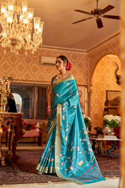 Kalamkari Digital Printed Semi Silk Saree - Blue Pichwai