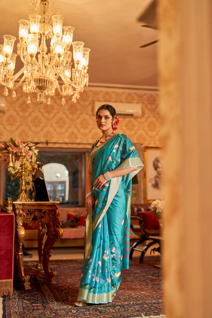 Kalamkari Digital Printed Semi Silk Saree - Blue Pichwai