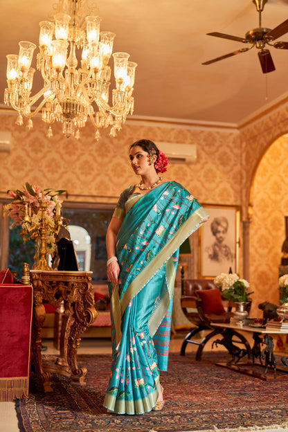 Kalamkari Digital Printed Semi Silk Saree - Blue Pichwai