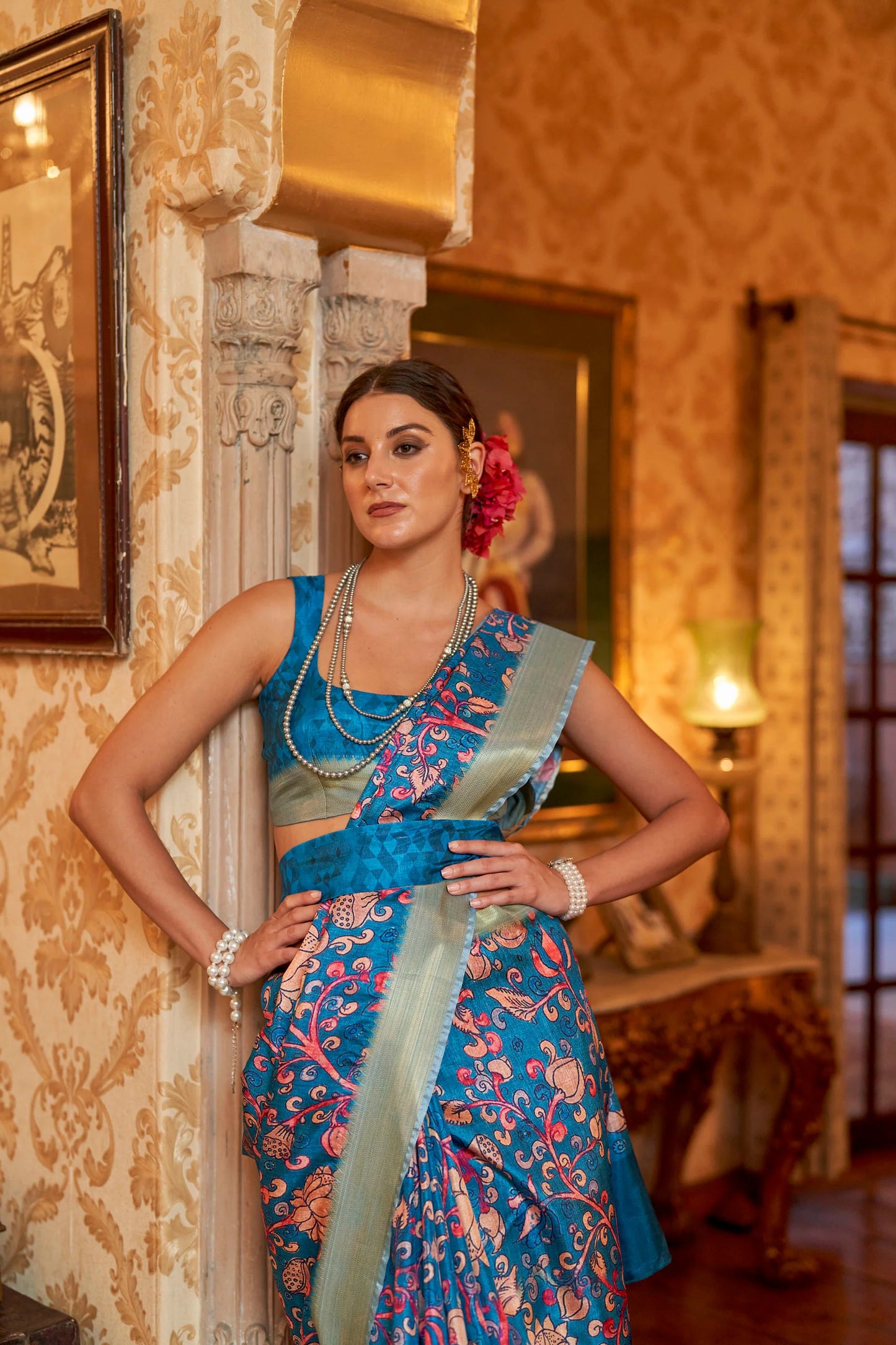Kalamkari Digital Printed Semi Silk Saree - Blue Kalamkari Floral