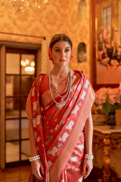 Kalamkari Digital Printed Semi Silk Saree - Pink Pichwai