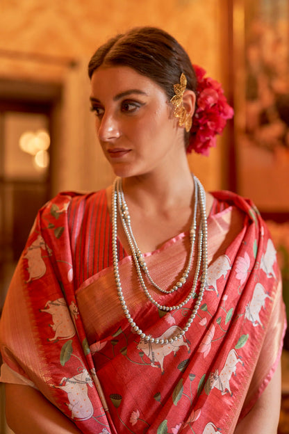 Kalamkari Digital Printed Semi Silk Saree - Pink Pichwai