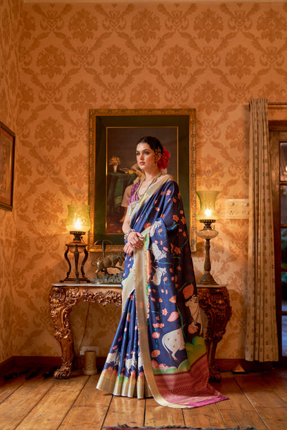 Kalamkari Digital Printed Semi Silk Saree - Blue Pichwai Semi Silk