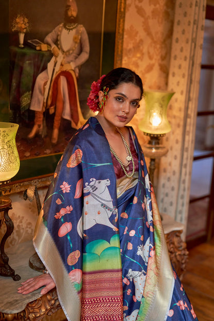 Kalamkari Digital Printed Semi Silk Saree - Blue Pichwai Semi Silk