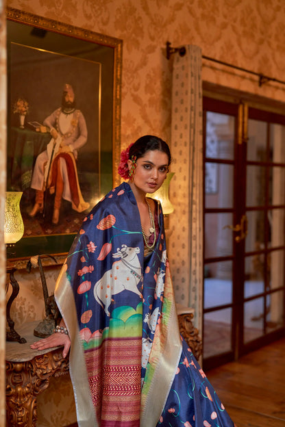 Kalamkari Digital Printed Semi Silk Saree - Blue Pichwai Semi Silk