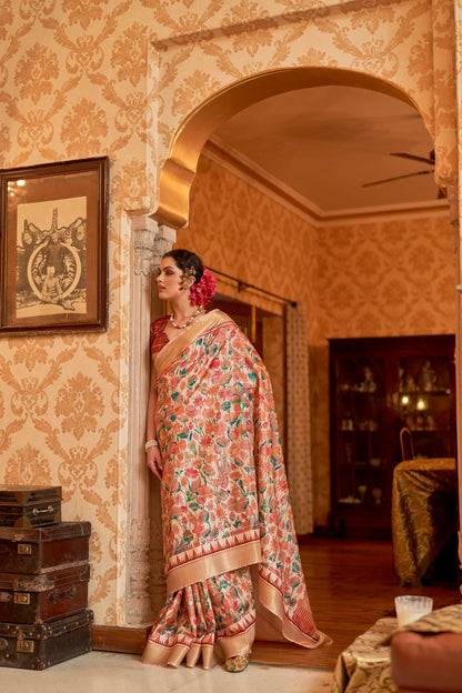 Kalamkari Digital Printed Semi Silk Saree - lotus print