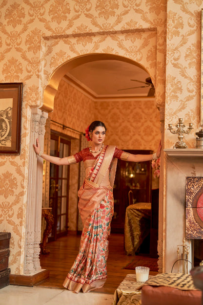 Kalamkari Digital Printed Semi Silk Saree - lotus print