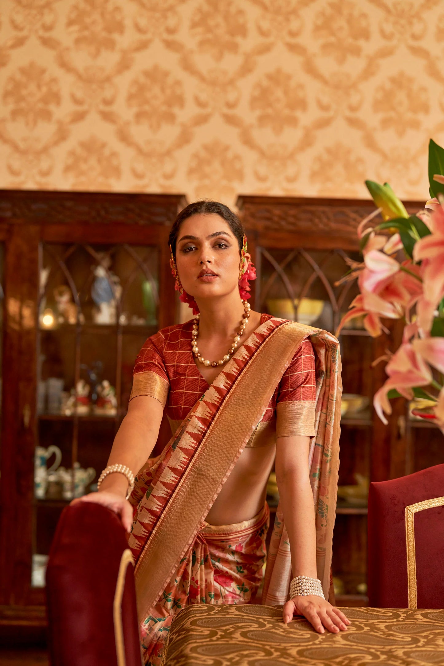 Kalamkari Digital Printed Semi Silk Saree - lotus print