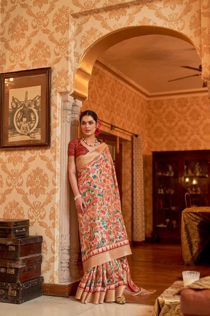 Kalamkari Digital Printed Semi Silk Saree - lotus print