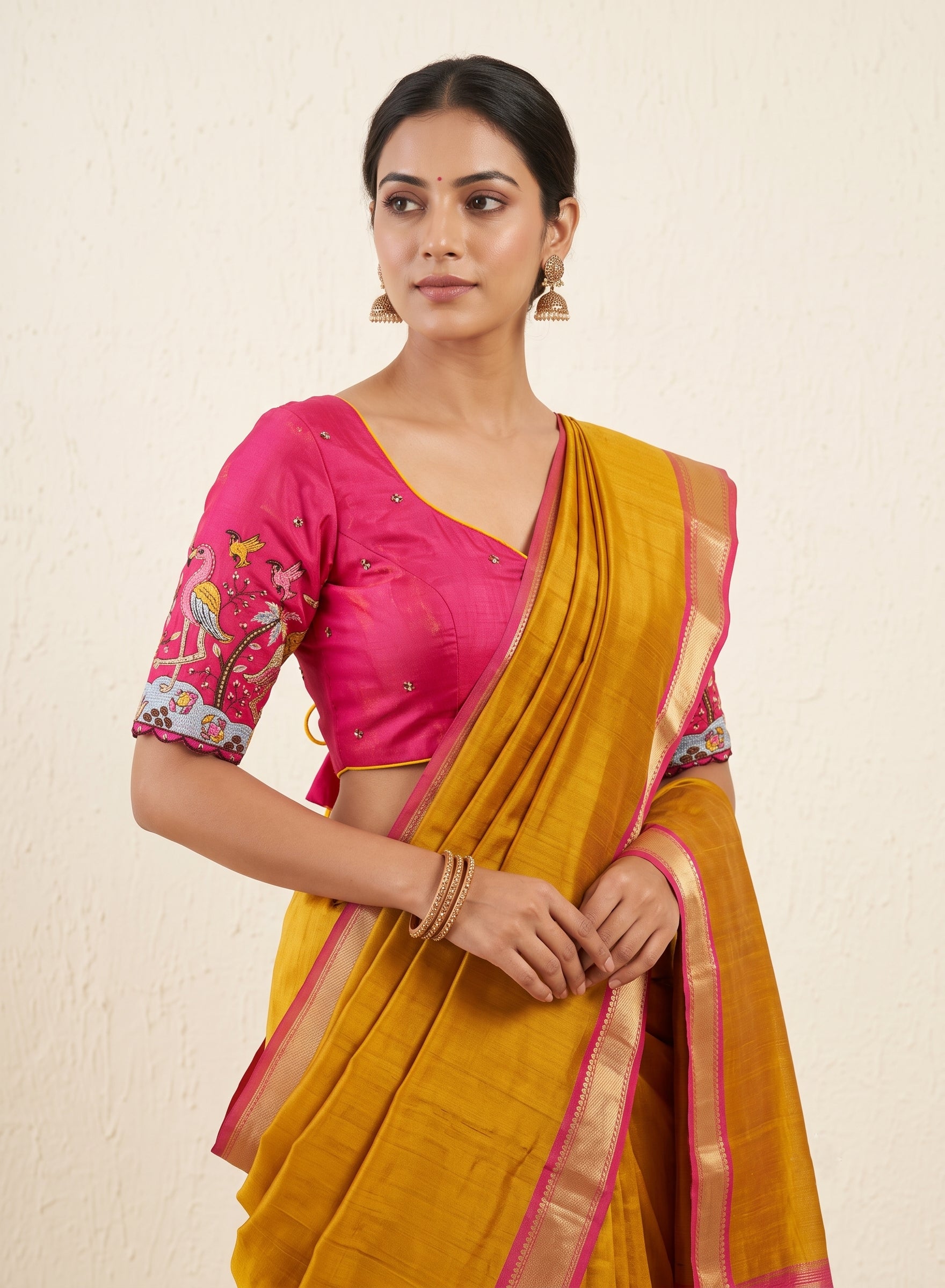 Pink Flamingo Embroidered Padded Back-Open Blouse