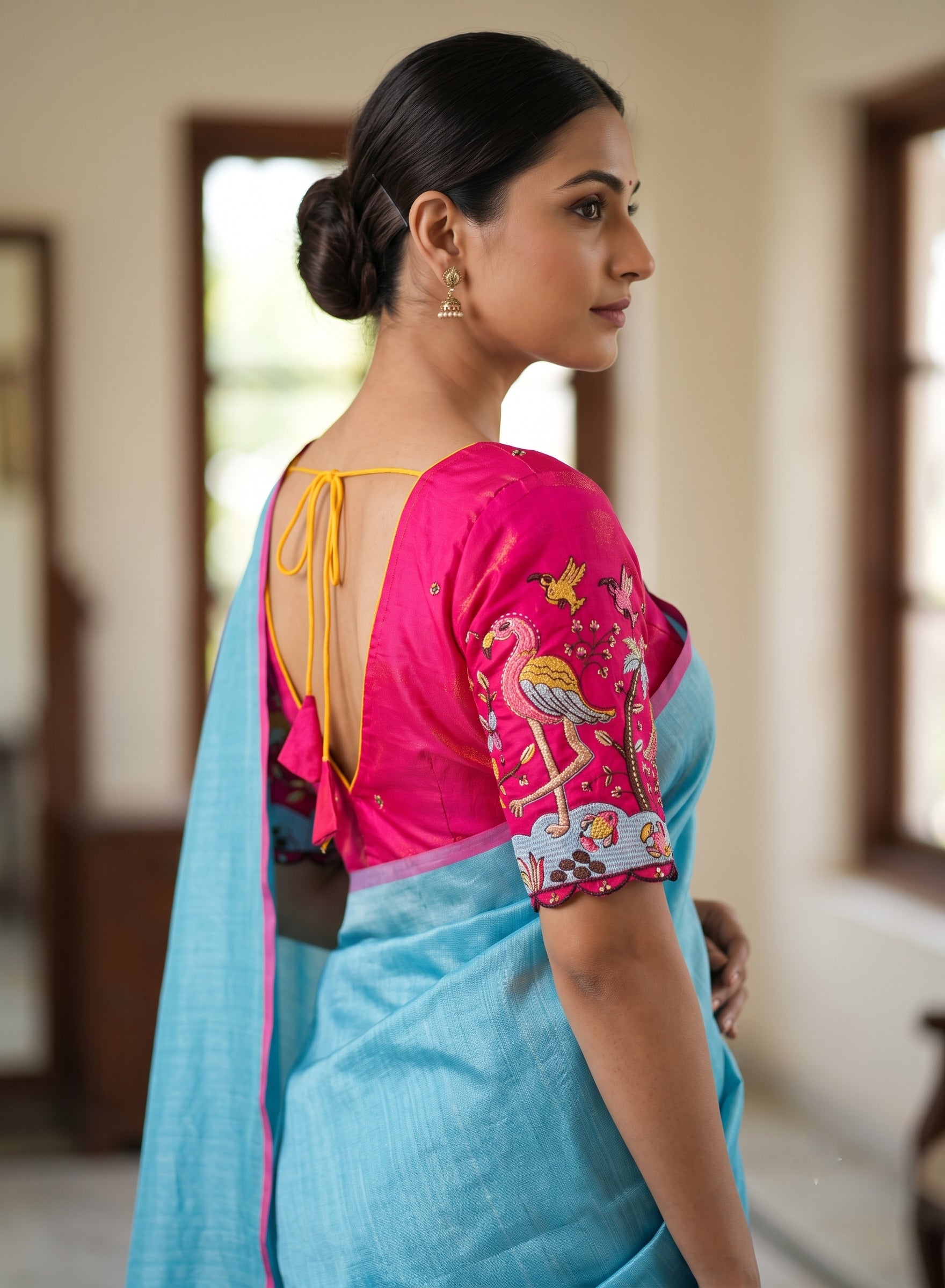 Pink Flamingo Embroidered Padded Back-Open Blouse