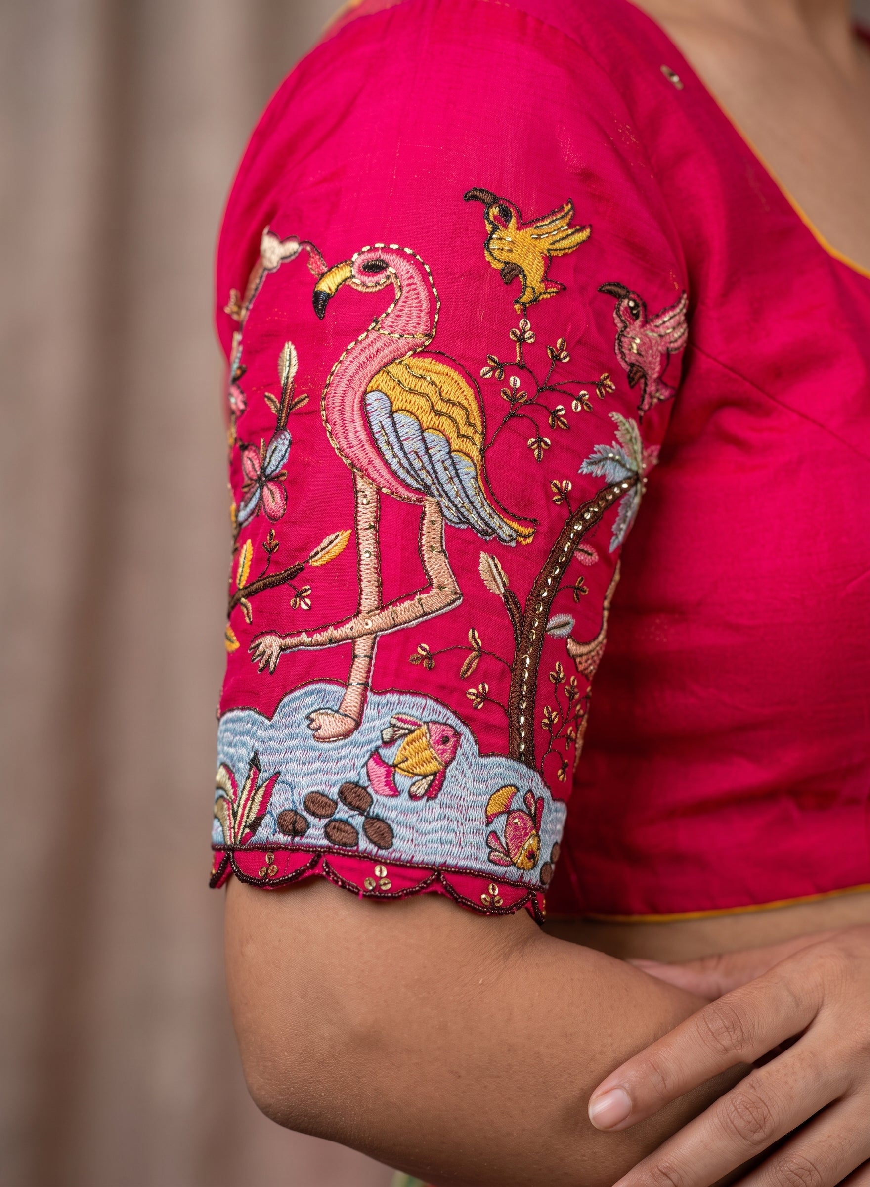 Pink Flamingo Embroidered Padded Back-Open Blouse