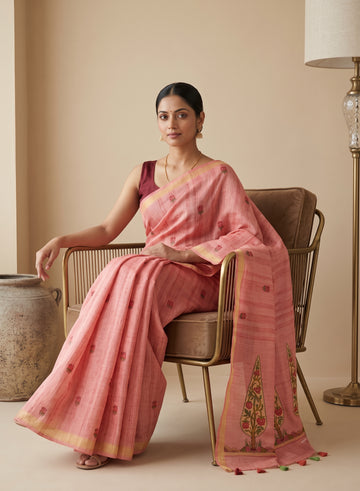Pink Linen Cotton Saree with sarv Motif Pallu