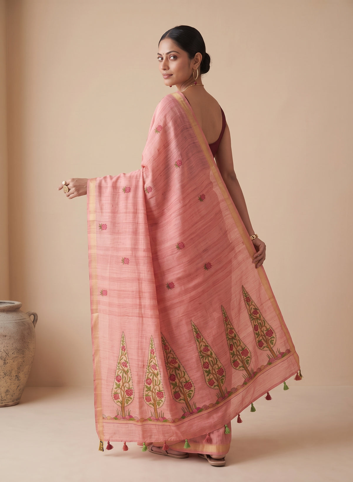 Pink Linen Cotton Saree with sarv Motif Pallu