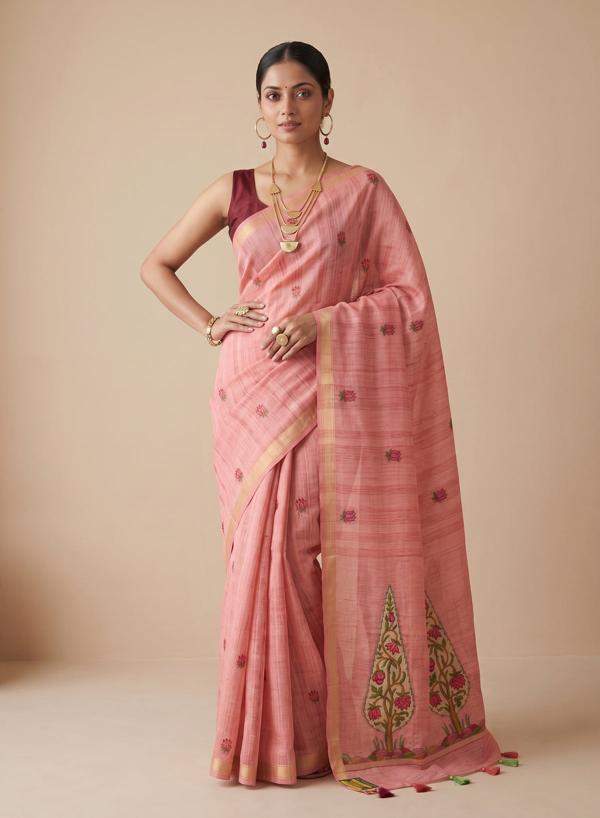 Pink Linen Cotton Saree with sarv Motif Pallu