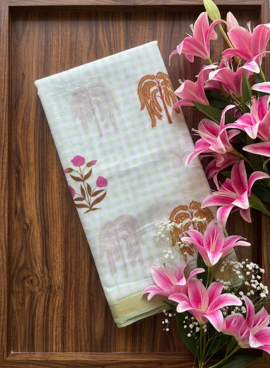 Pistachio Chirala Floral Printed Soft Cotton Saree