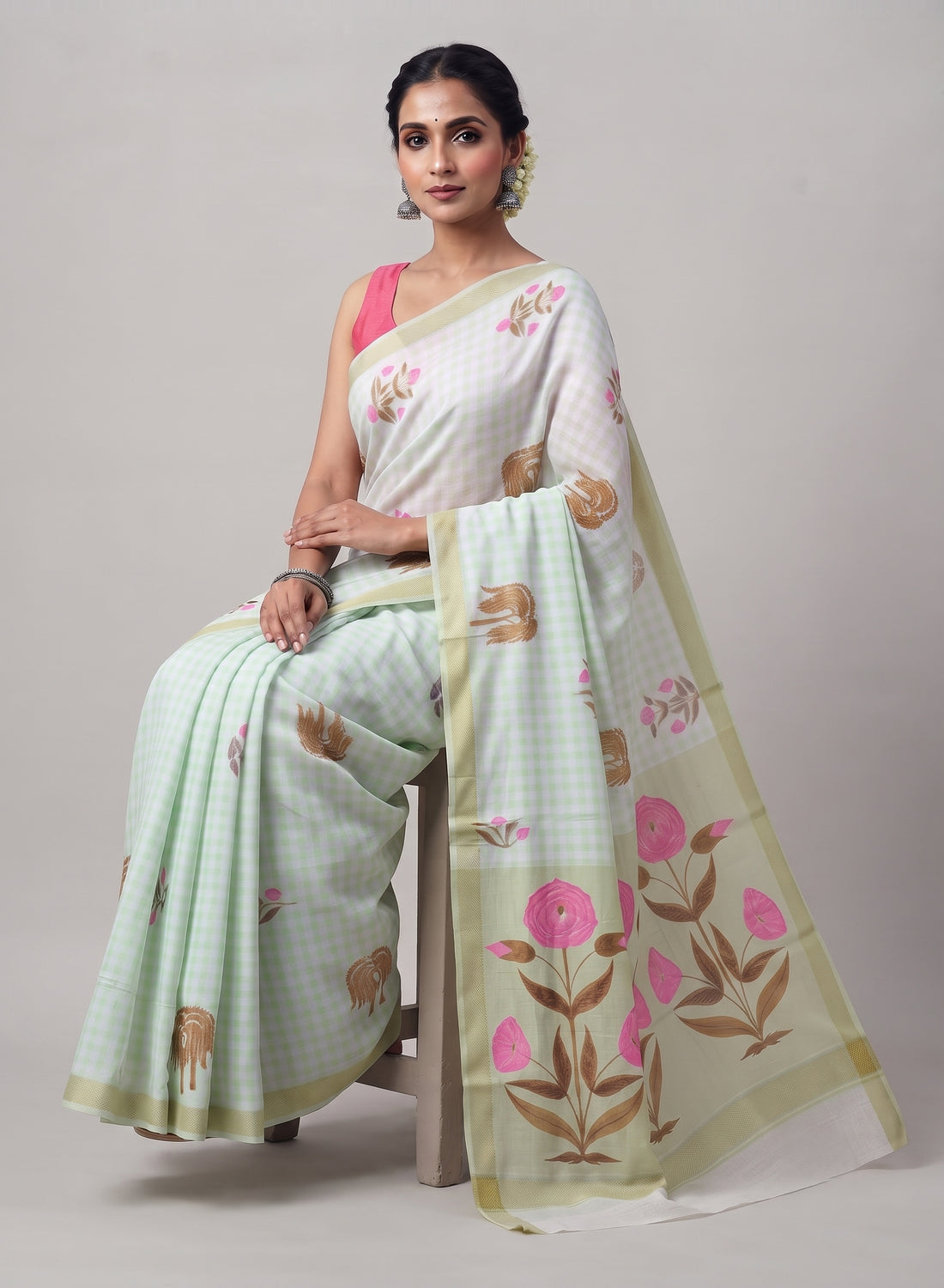 Pistachio Chirala Floral Printed Soft Cotton Saree