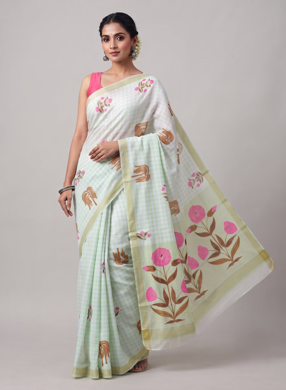 Pistachio Chirala Floral Printed Soft Cotton Saree