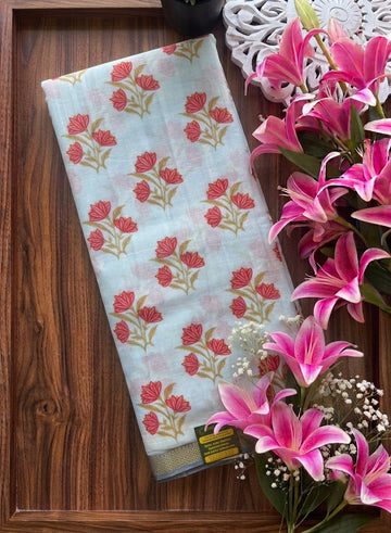 Powder Blue Butter Cotton Saree | Coral Floral Buttas | Chirala