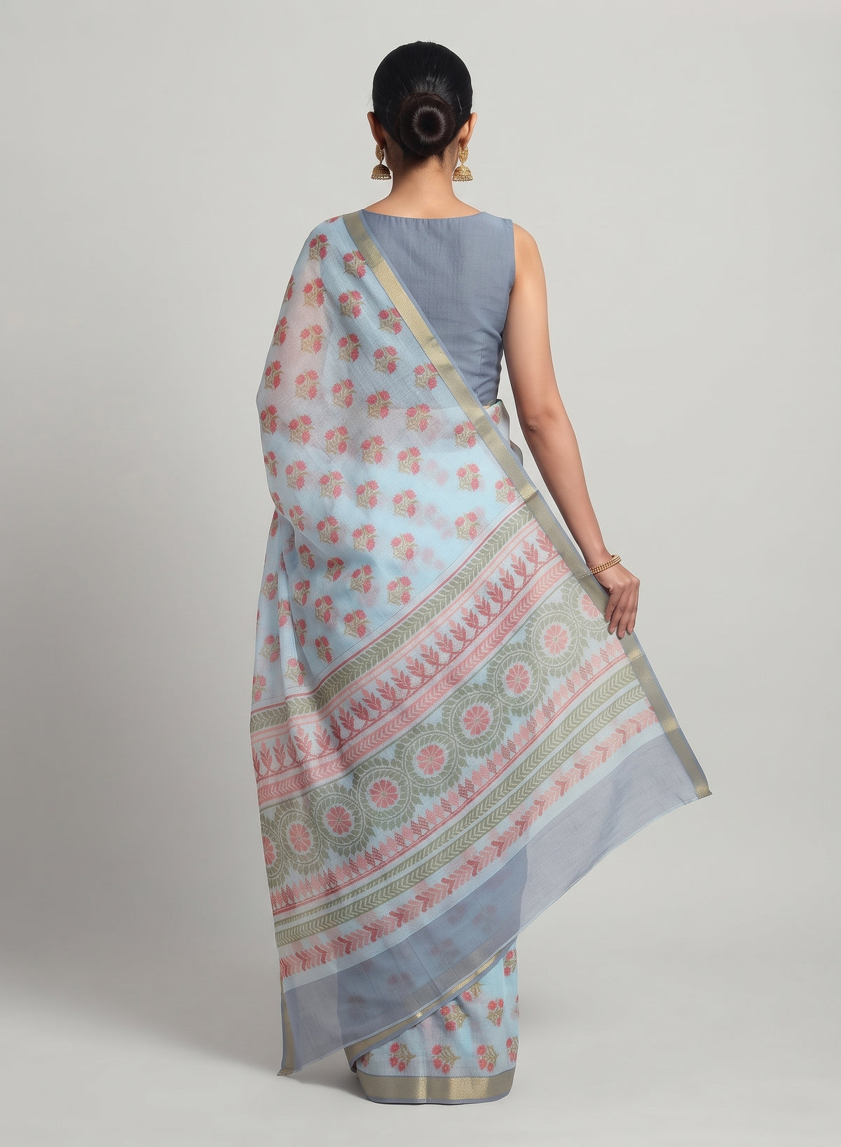 Powder Blue Butter Cotton Saree | Coral Floral Buttas | Chirala