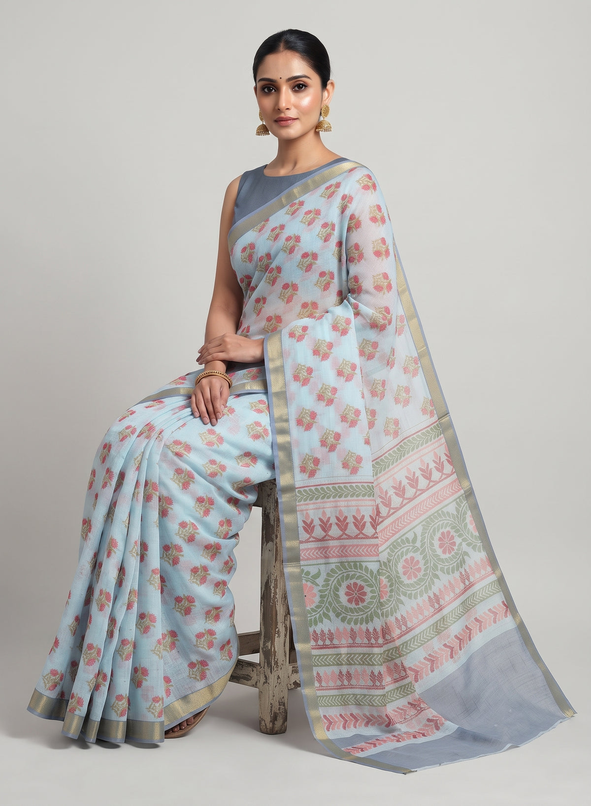 Powder Blue Butter Cotton Saree | Coral Floral Buttas | Chirala
