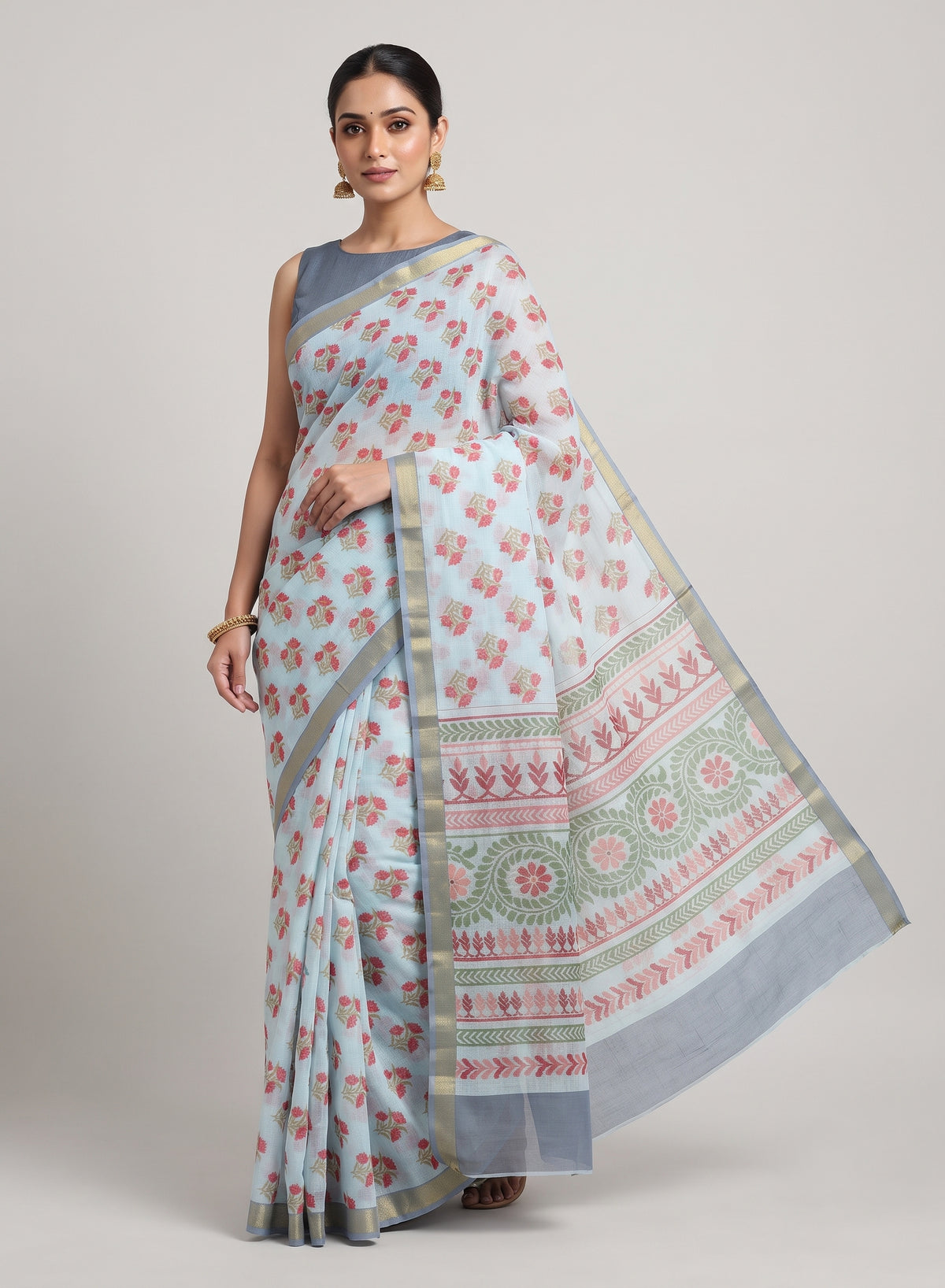 Powder Blue Butter Cotton Saree | Coral Floral Buttas | Chirala