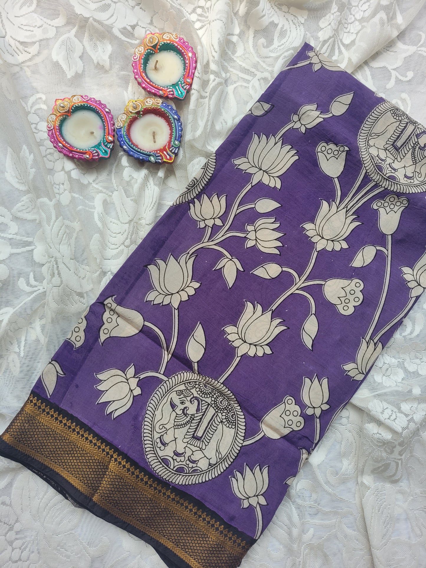 Kalamkari Nizam Border Purple Floral Printed Saree