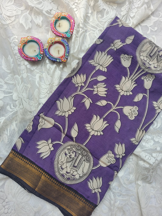 Kalamkari Nizam Border Purple Floral Printed Saree