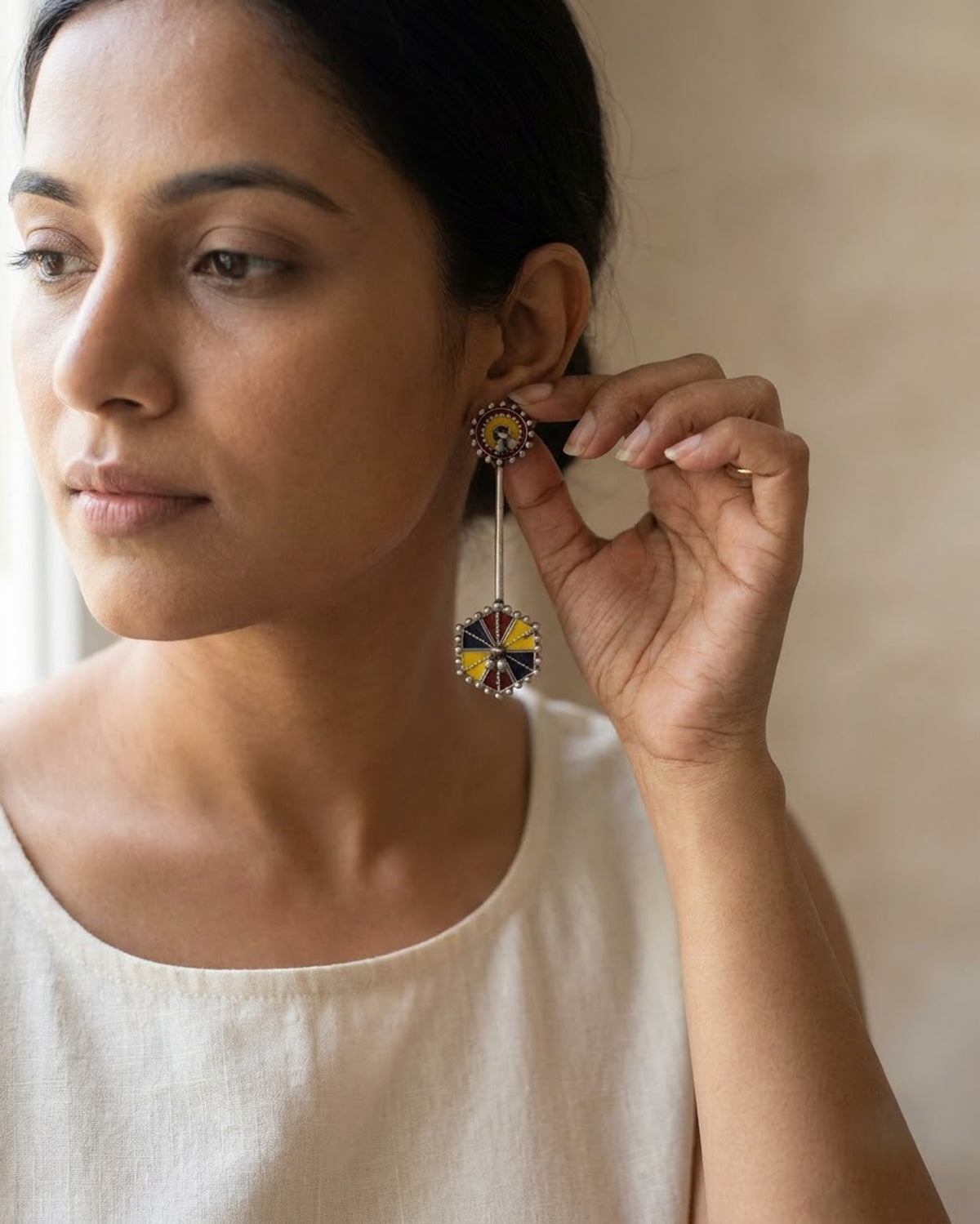 Rangbaari Enamel Hexagon Drop Earrings
