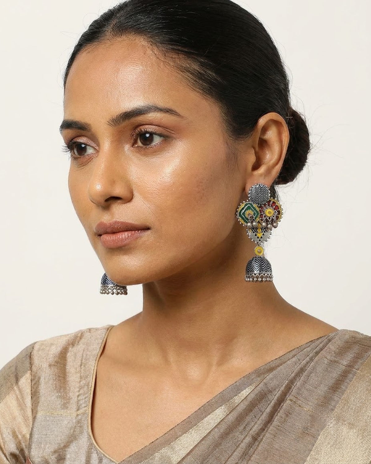 Rangeela Meenakari Silver Jhumka Earrings
