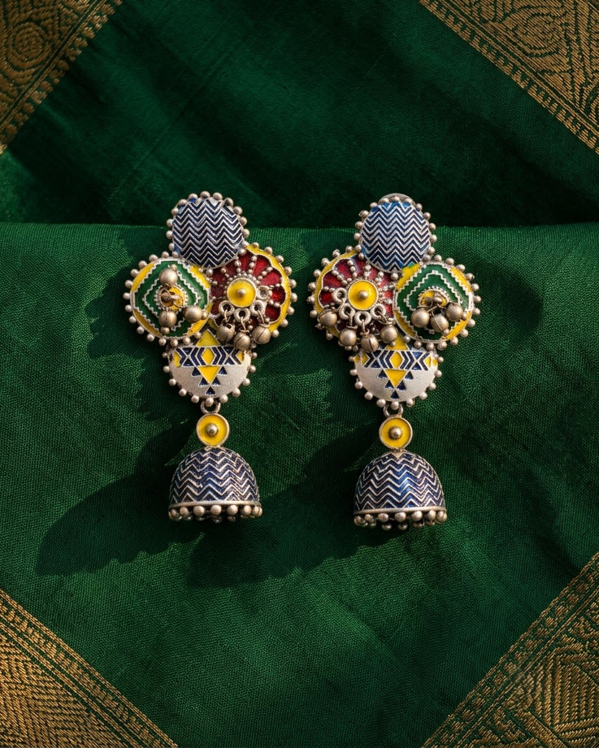 Rangeela Meenakari Silver Jhumka Earrings