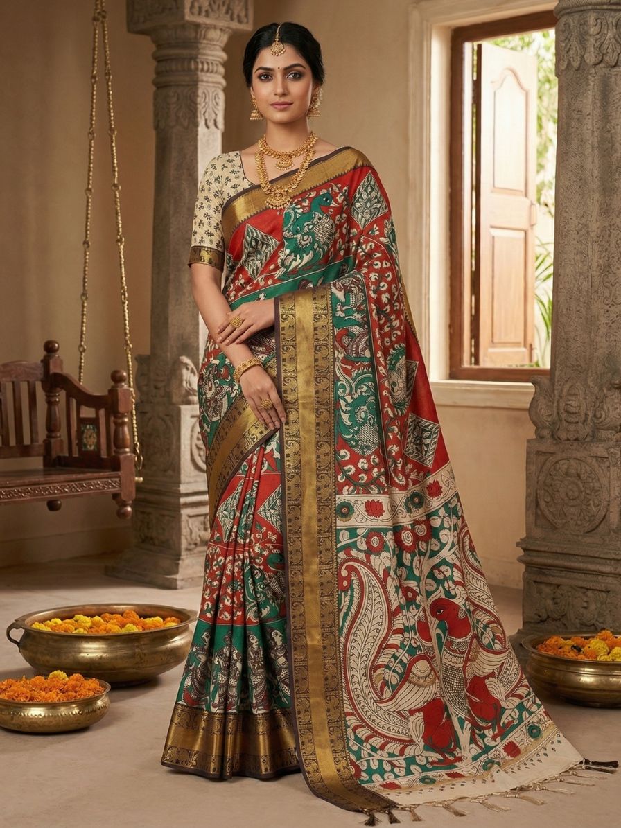 Red & Green Kanchi Border Kalamkari Screen Printed Chennur Silk saree - Ramani