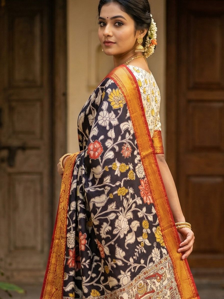 Kalamkari Chennur silk 7 Inch Kanchi border saree - Black and Red