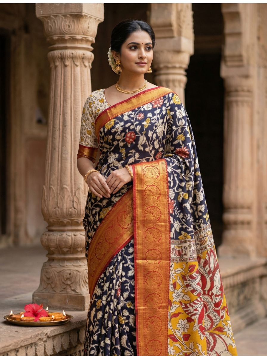 Kalamkari Chennur silk 7 Inch Kanchi border saree - Black and Red