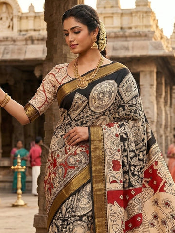 Kalamkari zari border Chennur Silk Saree - Ramayan