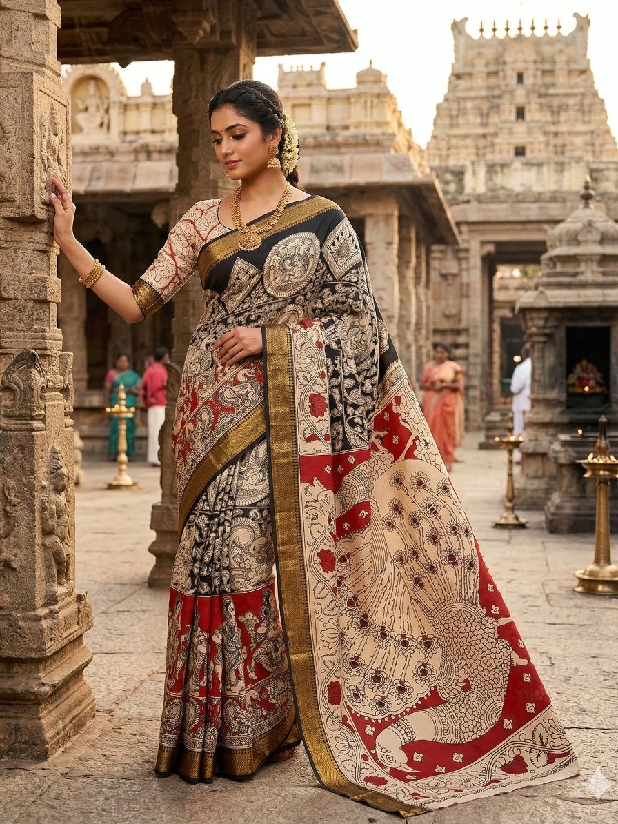 Kalamkari zari border Chennur Silk Saree - Ramayan