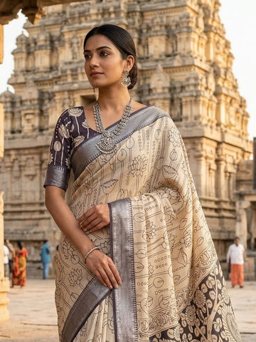 Kalamkari Silver border Lotus screen printed saree with contrast Black Blouse