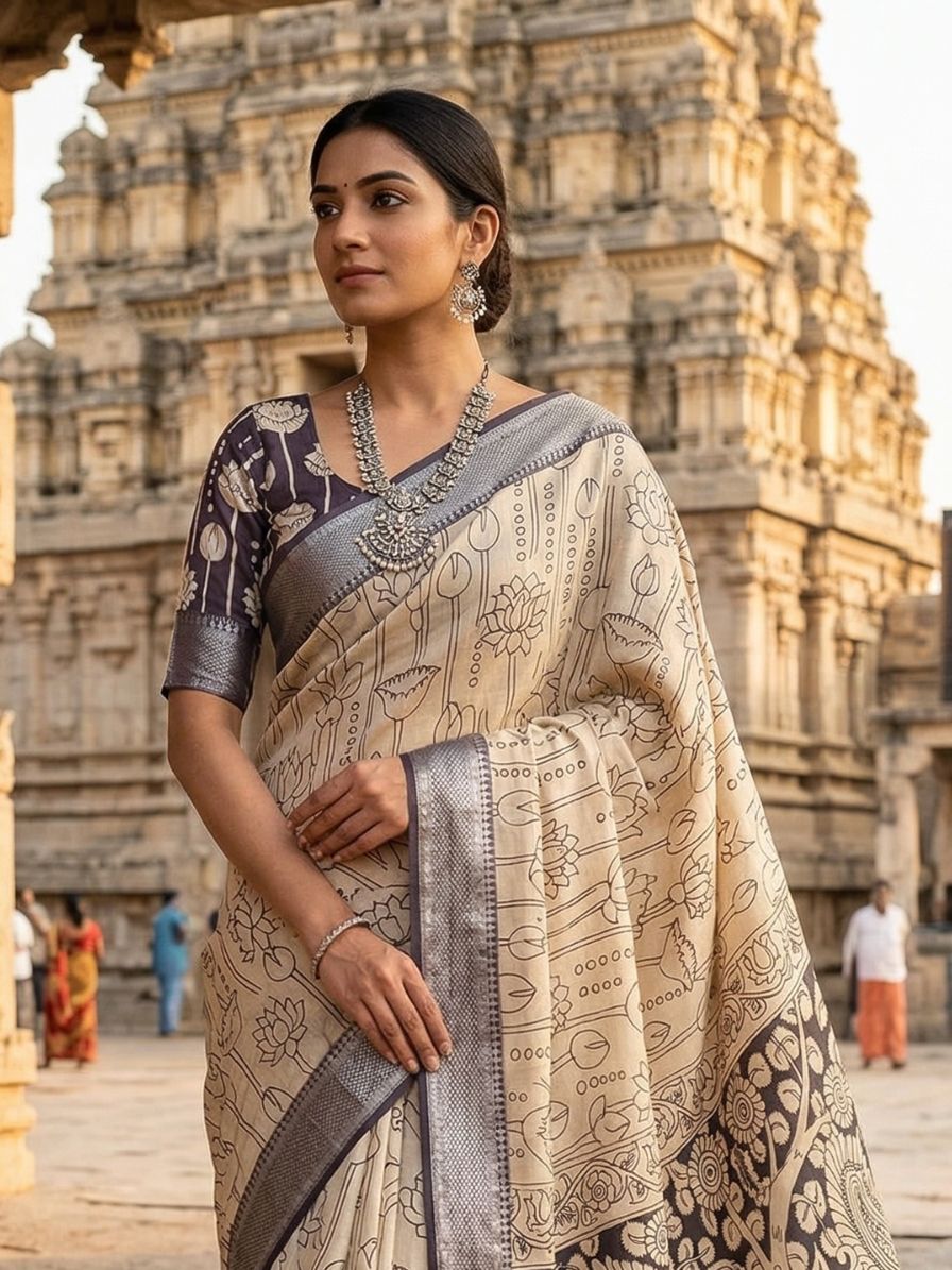Kalamkari Silver border Lotus screen printed saree with contrast Black Blouse