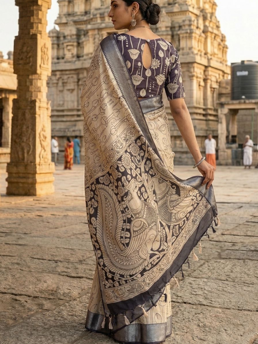 Kalamkari Silver border Lotus screen printed saree with contrast Black Blouse
