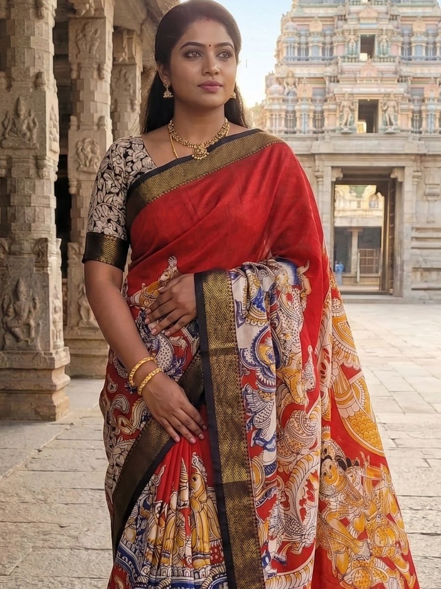 Red Kalamkari Screen Printed Chennur Silk saree - Arna