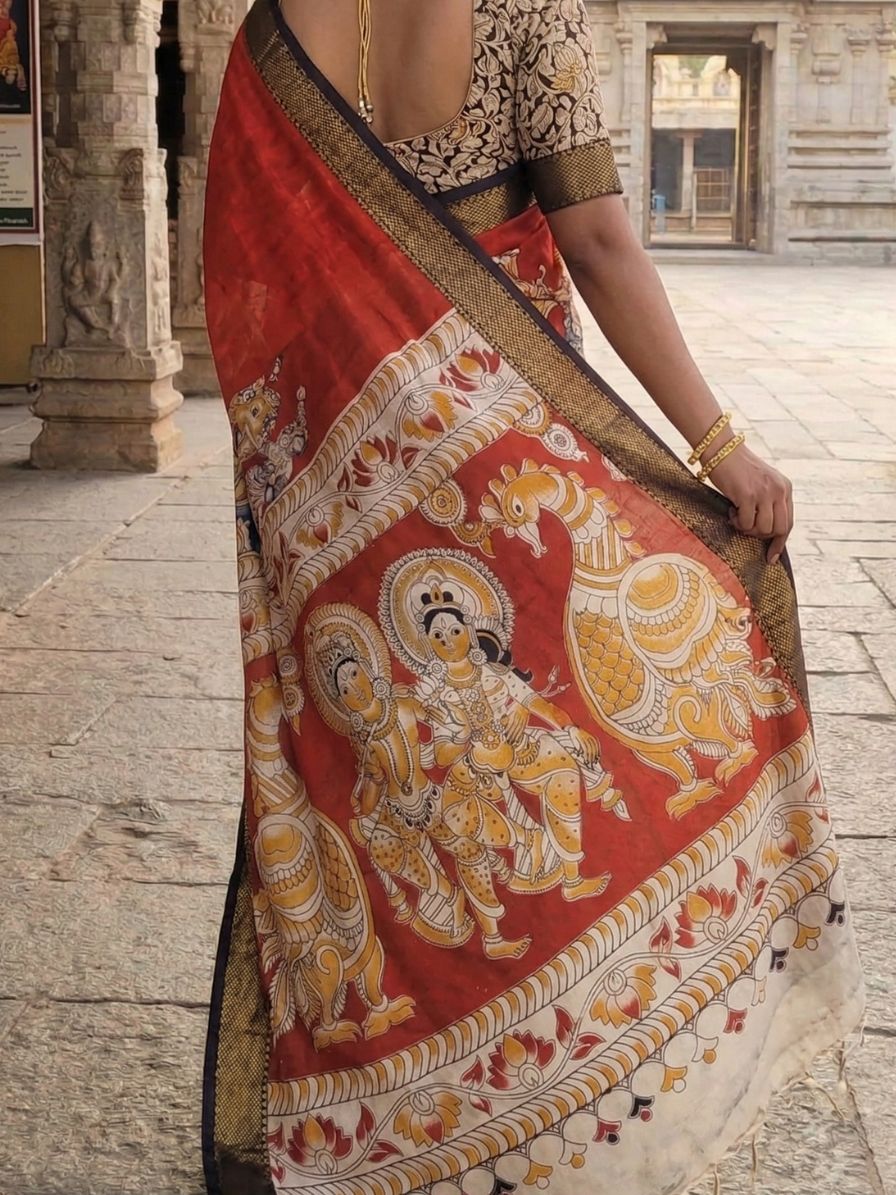Red Kalamkari Screen Printed Chennur Silk saree - Arna