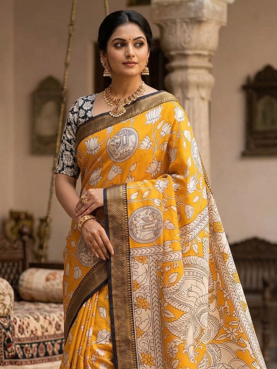 Kalamkari Nizam Border Mustard Yellow Elephant Circle - Banti