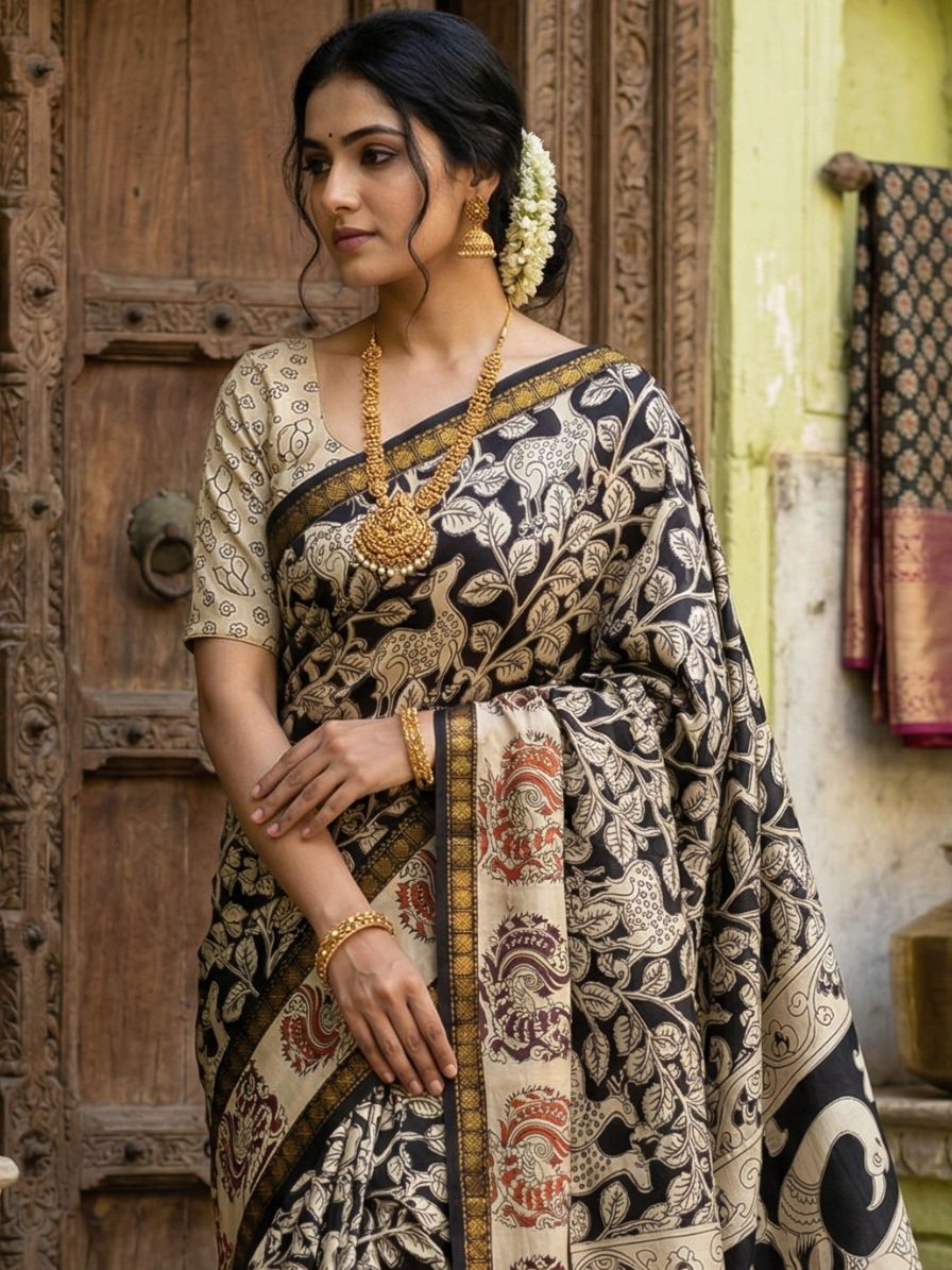 Twin Border Black & White Floral Kalamkari Screen Printed Chennur Silk saree - Judwa