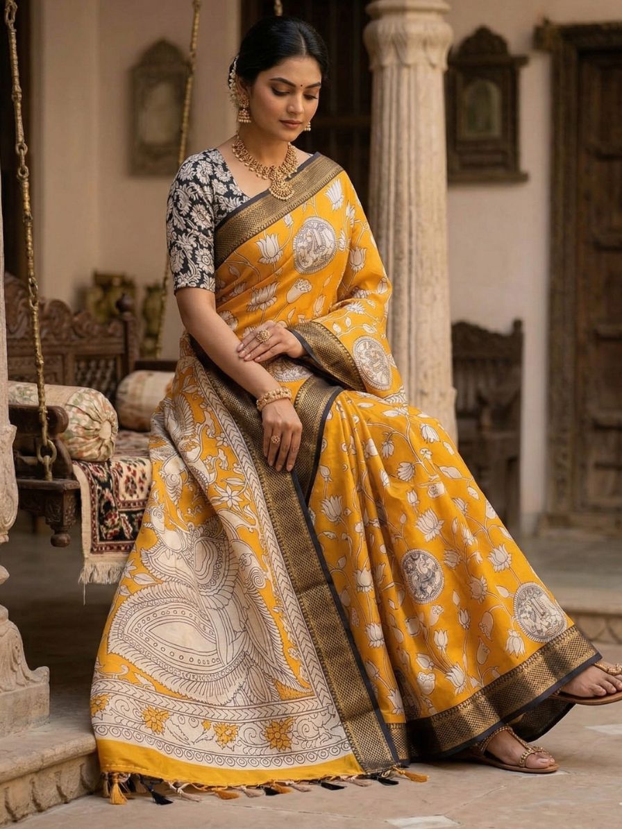 Kalamkari Nizam Border Mustard Yellow Elephant Circle - Banti