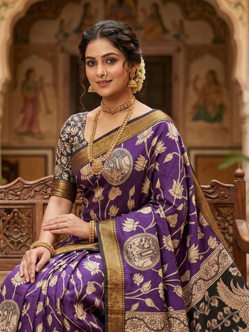 Kalamkari Nizam Border Purple Floral Printed Saree