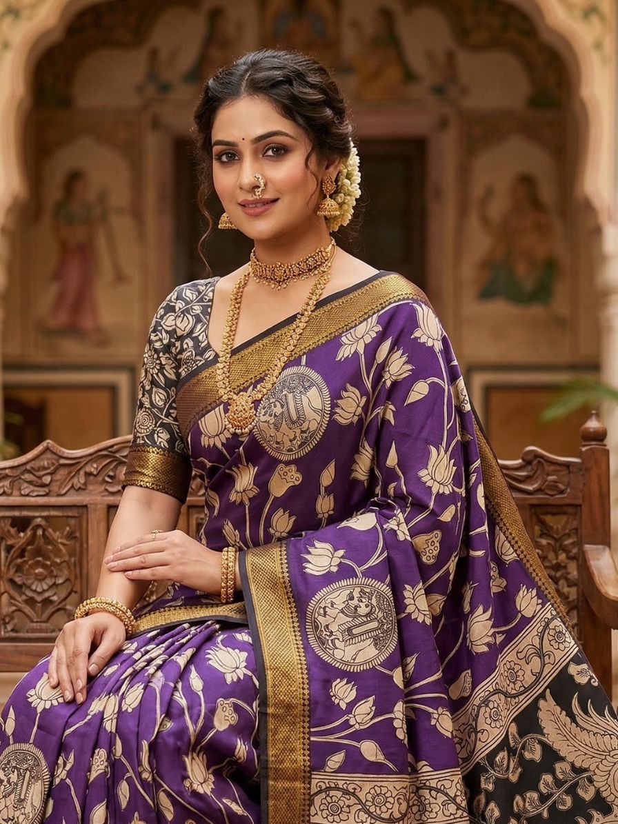 Kalamkari Nizam Border Purple Floral Printed Saree