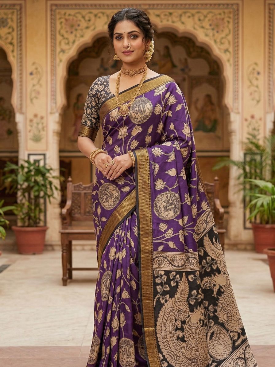 Kalamkari Nizam Border Purple Floral Printed Saree
