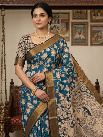 Kalamkari Nizam Border Shyam Blue Floral Printed Saree