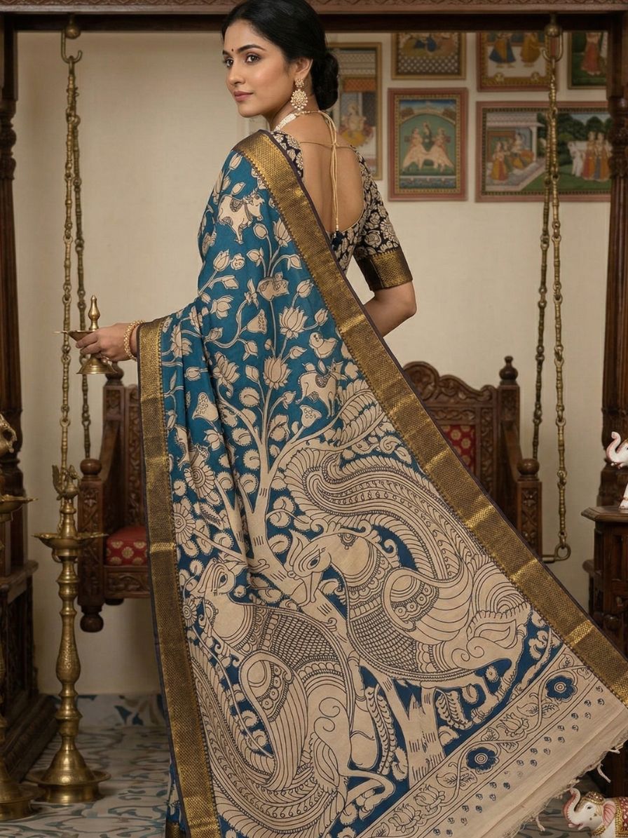 Kalamkari Nizam Border Shyam Blue Floral Printed Saree